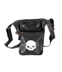 LEATHER BIKER LEG HIP BAG WHITE SKULL