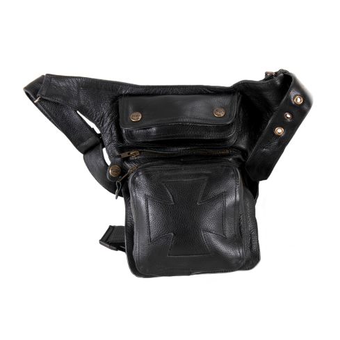 LEATHER BIKER LEG HIP BAG BLACK CROSS