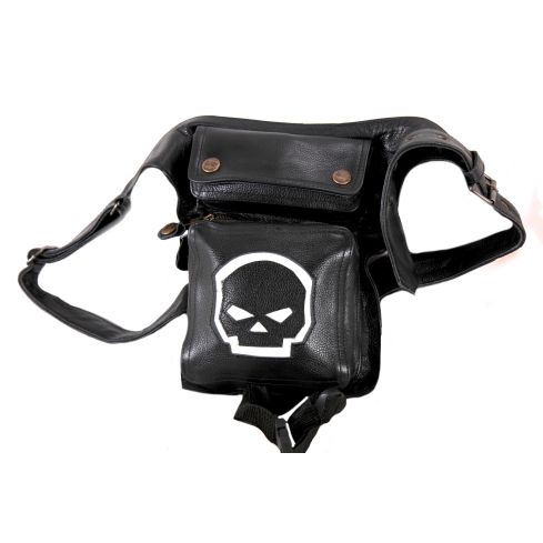 LEATHER BIKER LEG HIP BAG BLACK SKULL