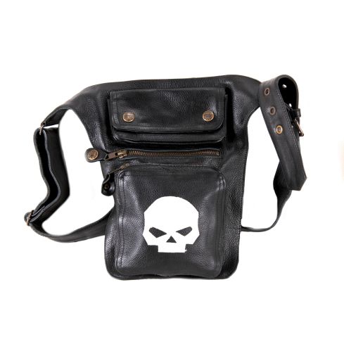 LEATHER BIKER LEG HIP BAG WHITE SKULL